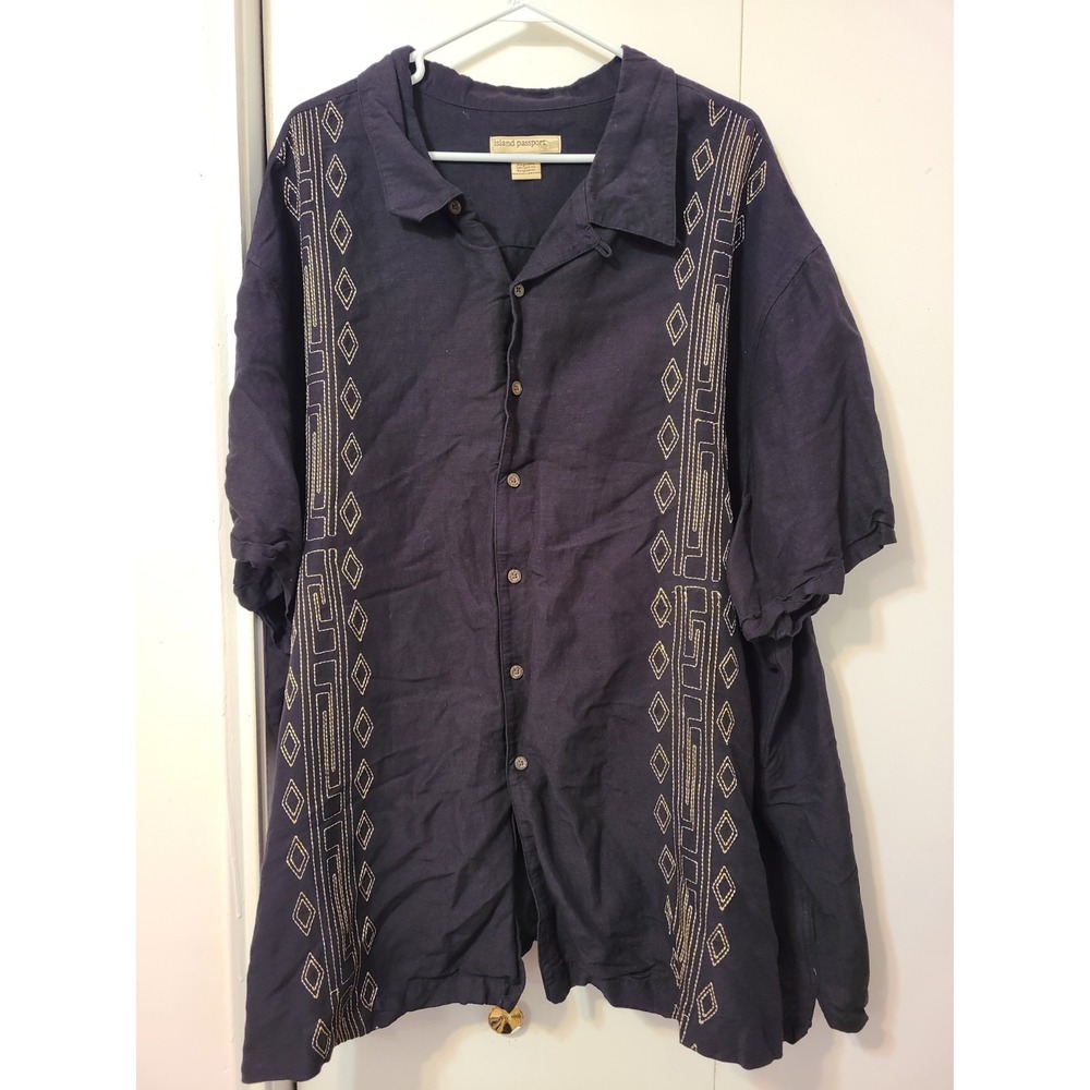 Island Passport Black Short-sleeve Shirt, crafted from a Linen-Rayon Blend. 4XL